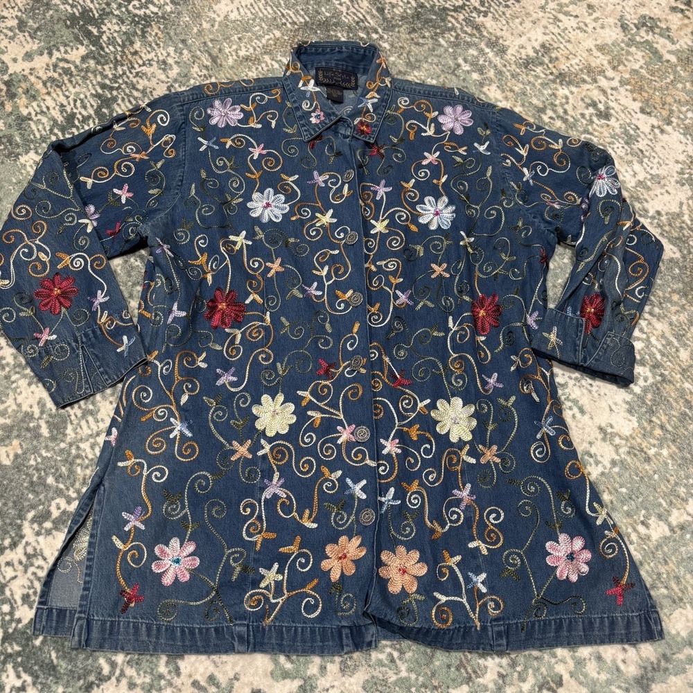 Vintage Life Style Shacket Denim Women's XL Embroidered Bling